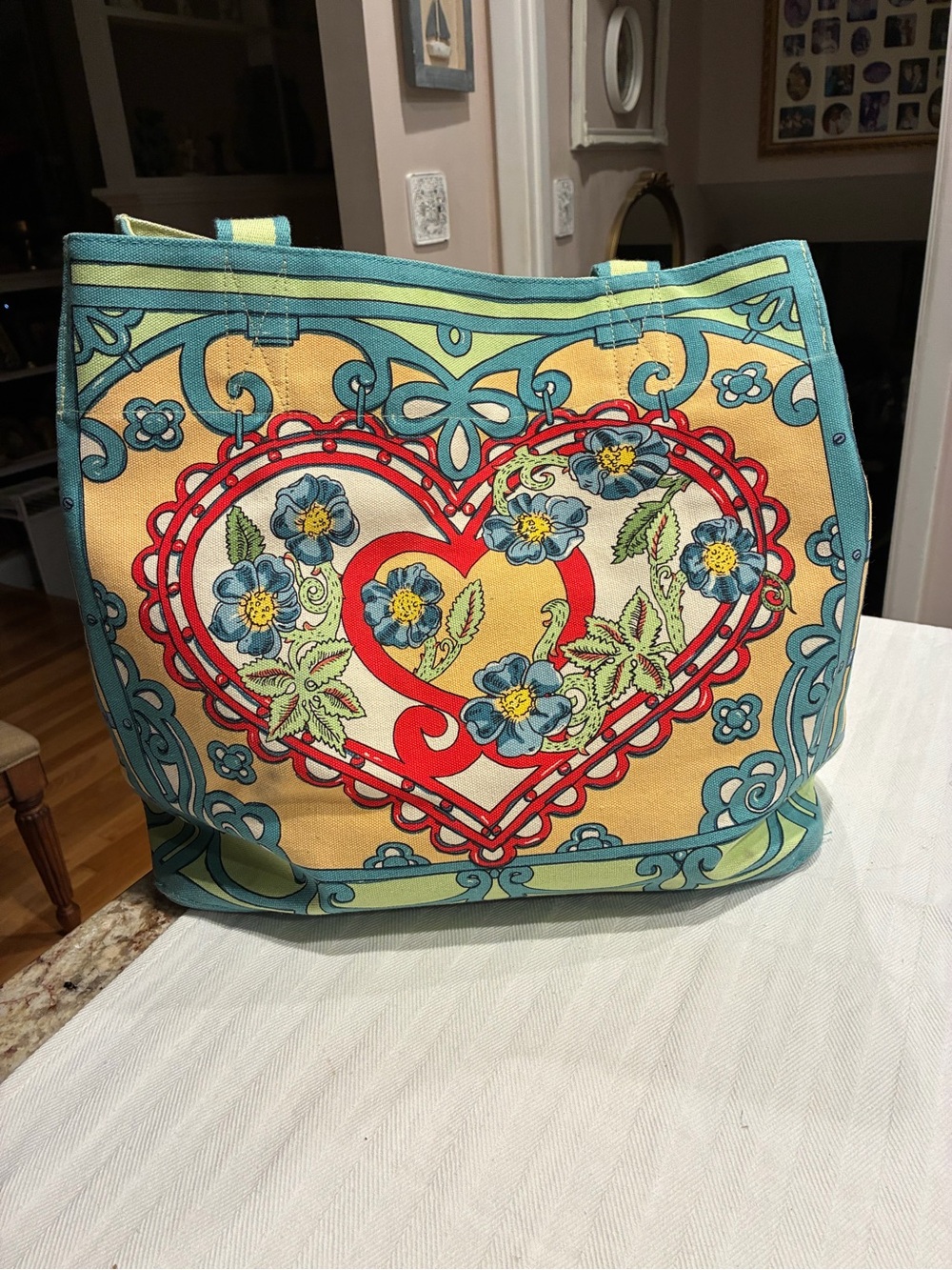 Brighton Canvas Heart Print Tote Bag - Yellow & Turquoise - Picture 3 of 9